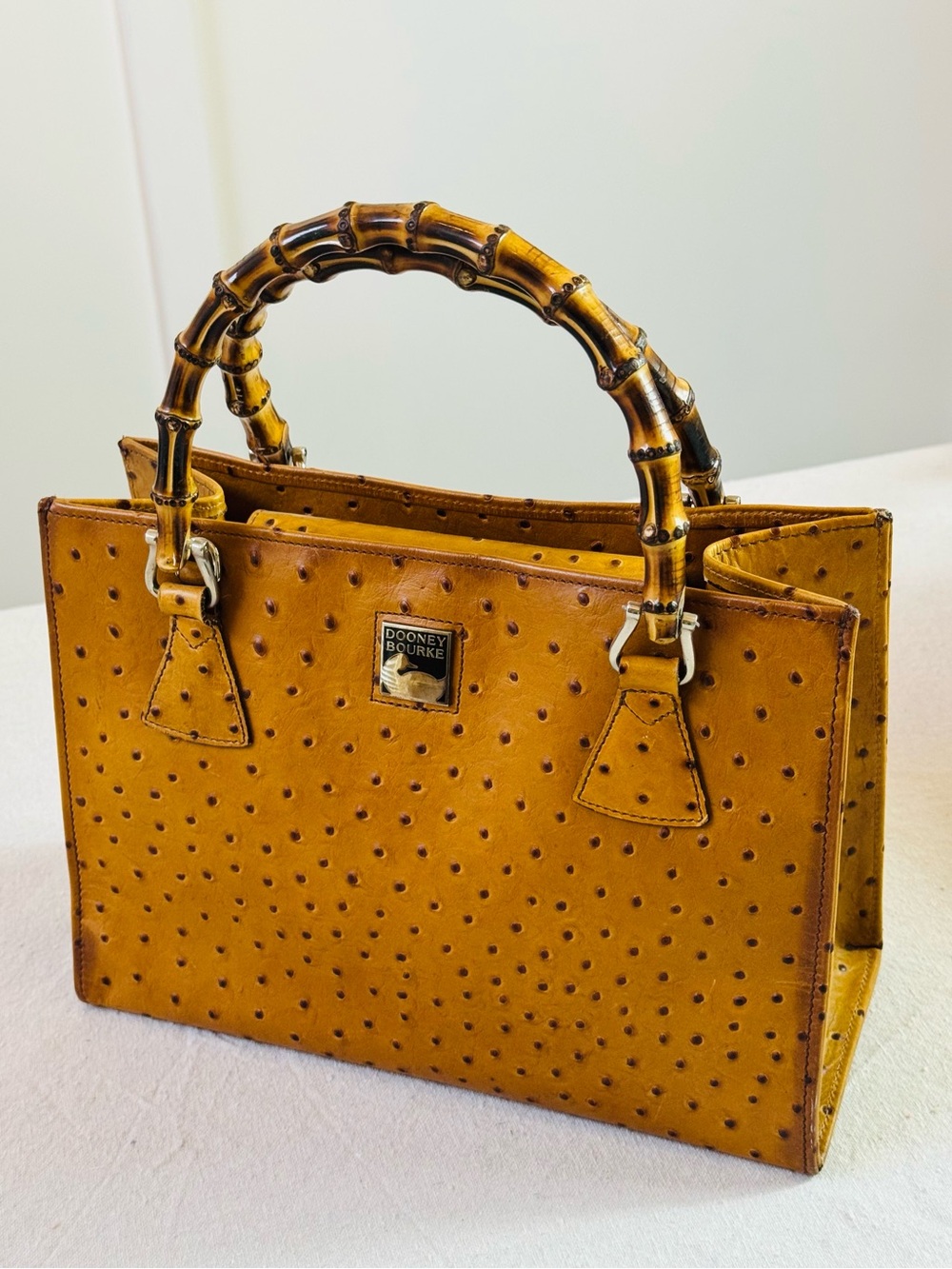 Dooney & Bourke Honey Ostrich-Embossed Leather Tote with Bamboo Handles